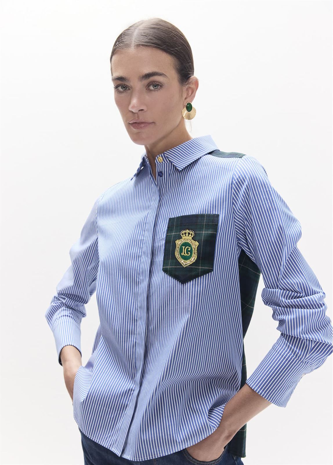 Camisa LOLA CASADEMUNT LS2615037 combinada rayas tartan azul verde - Imagen 1
