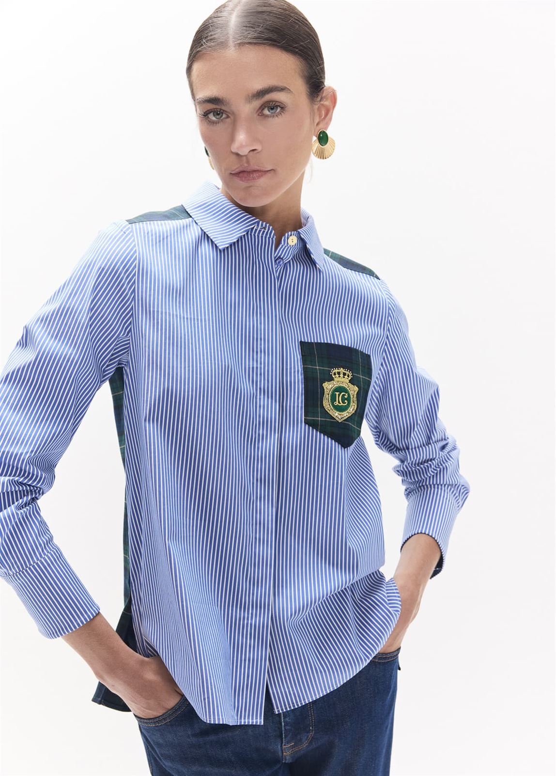 Camisa LOLA CASADEMUNT LS2615037 combinada rayas tartan azul verde - Imagen 3