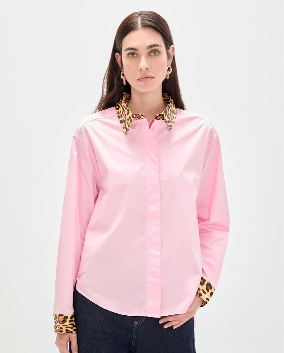 Camisa popelin puños contraste animal print LOLA CASADEMUNT rosa - Imagen 1
