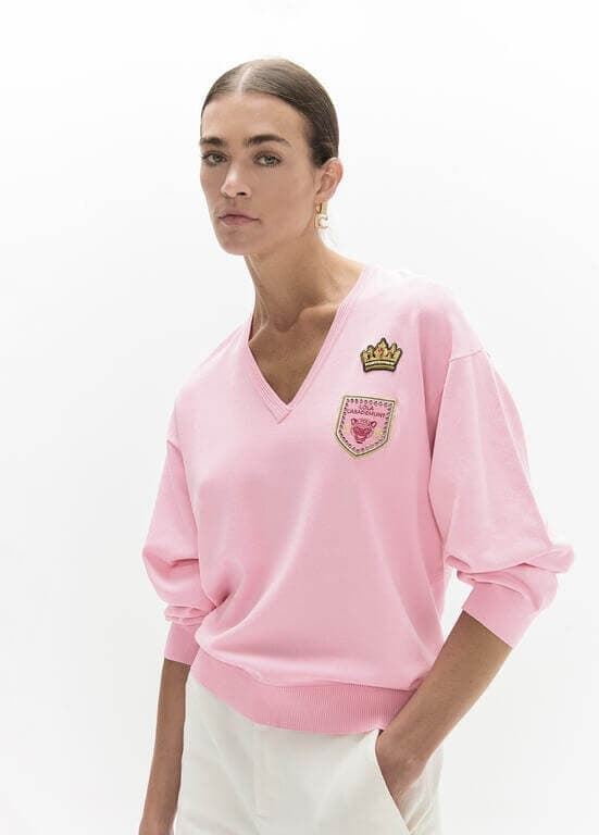 jersey cuello pico LOLA CASADEMUNT LF2611026 parches rosa - Imagen 1